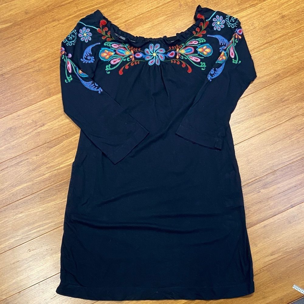 Johnny Was Black Long Sleeve Dress with Colorful Floral Embroidery